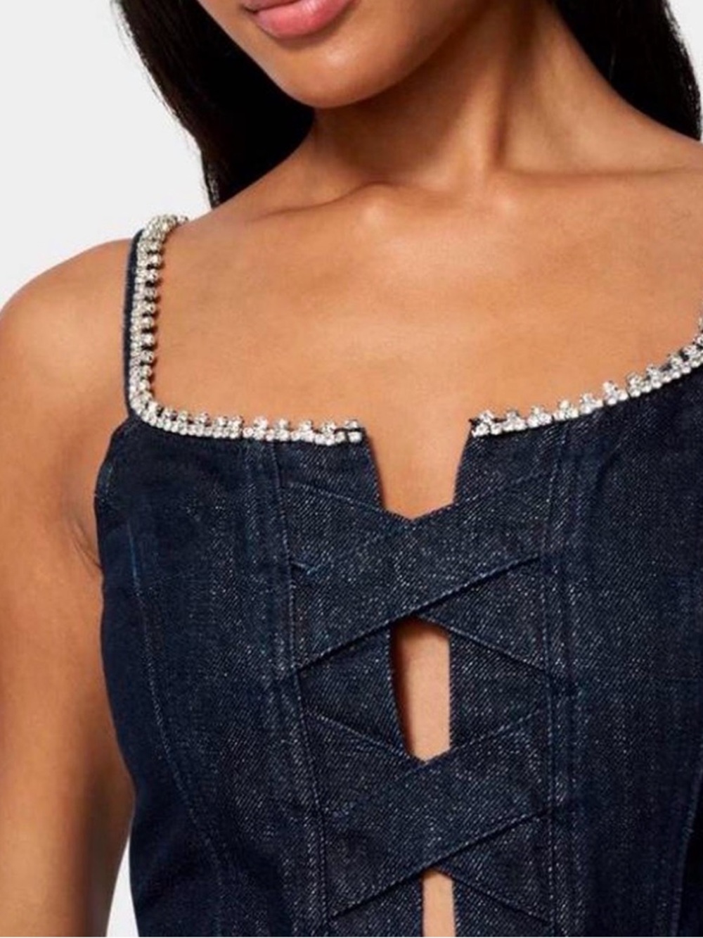 bebe Dark Blue Denim Bow Detail Rhinestone Strap Glitter Denim Dress Size 0 - Picture 5 of 8